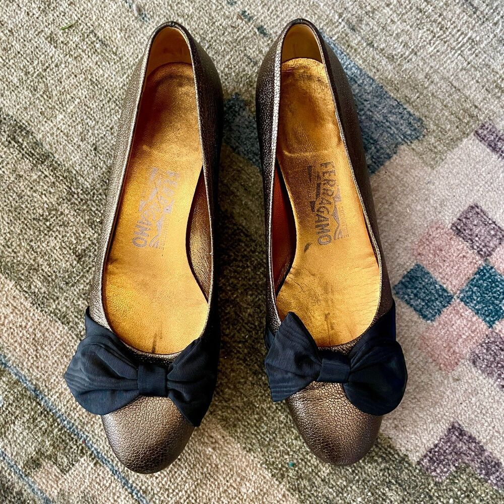 Salvatore Ferragamo Ballet Flats Bronze Leather Silk Black Bow 7.5 US Orig. $750
